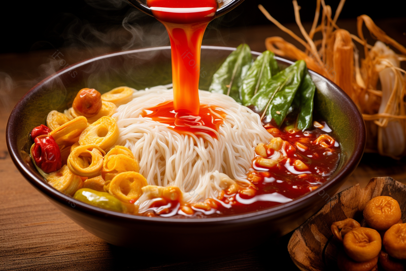 将辣椒油倒入放着萝卜干的螺蛳粉中,高清,摄影图,摄影图片,图片大全,摄影图免费下载